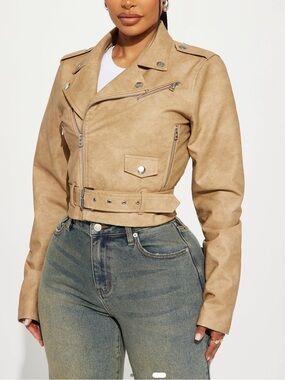 Fashion Nova Cropped Belted Faux Leather Jacket - Tan